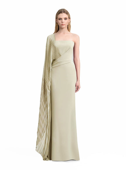 Gemy Maalouf Asymmetrical Draped Gown With See-Through Sleeve Pale Lime