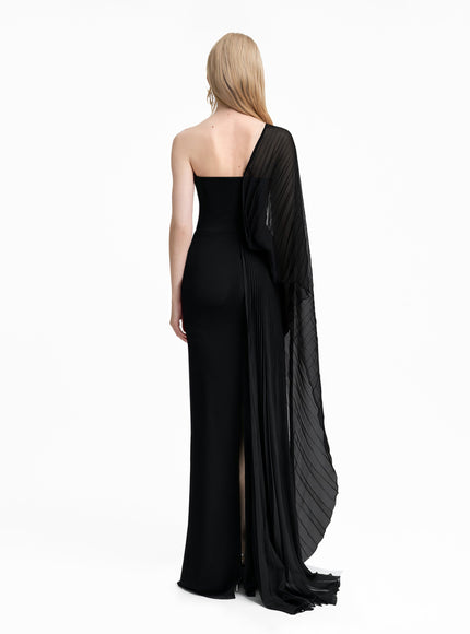 Gemy Maalouf Asymmetrical Draped Gown With See-Through Sleeve Black