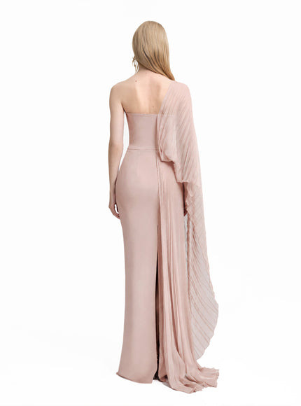 Gemy Maalouf Asymmetrical Draped Gown With See-Through Sleeve Blush