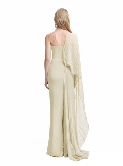 Gemy Maalouf Asymmetrical Draped Gown With See-Through Sleeve Pale Lime