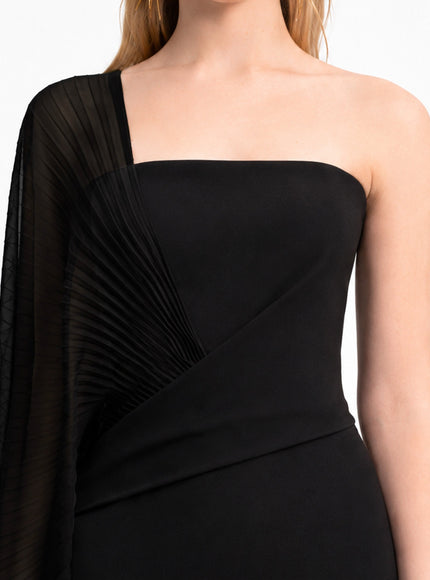 Gemy Maalouf Asymmetrical Draped Gown With See-Through Sleeve Black