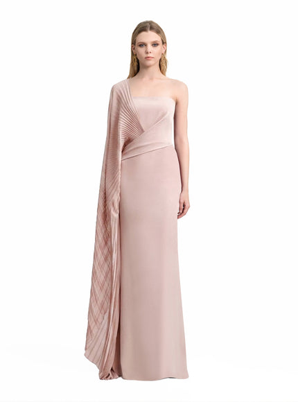 Gemy Maalouf Asymmetrical Draped Gown With See-Through Sleeve Blush