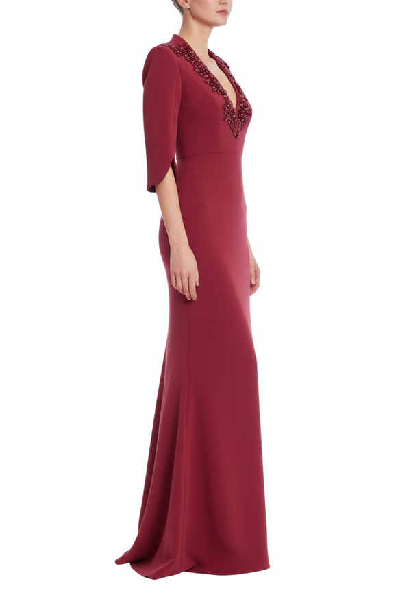 Badgley Mischka Embellished V-Neck Column Gown