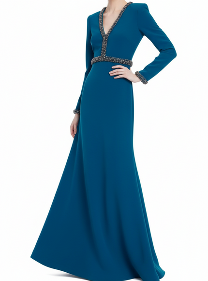 Badgley Mischka Embellished Trim Long-Sleeve Crepe Gown
