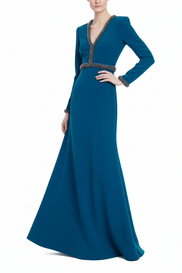 Badgley Mischka Embellished Trim Long-Sleeve Crepe Gown