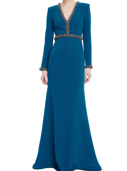 Badgley Mischka Embellished Trim Long-Sleeve Crepe Gown