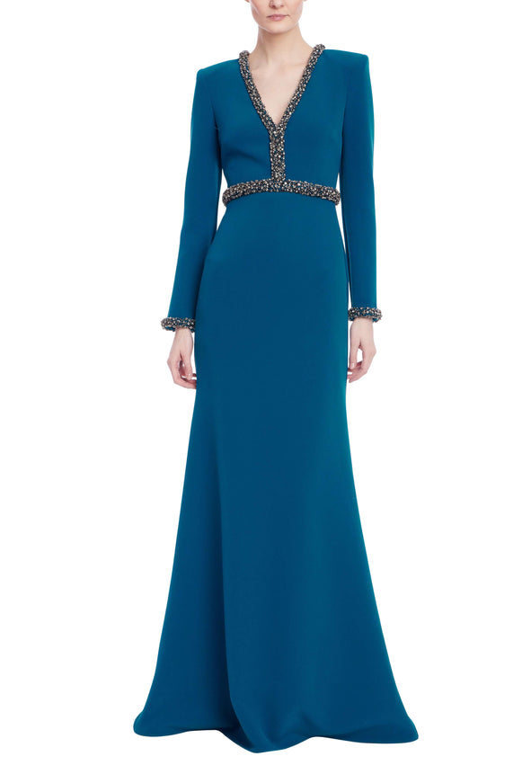Badgley Mischka Embellished Trim Long-Sleeve Crepe Gown
