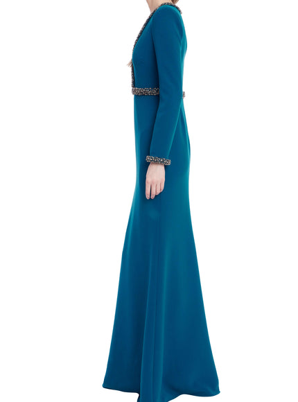 Badgley Mischka Embellished Trim Long-Sleeve Crepe Gown