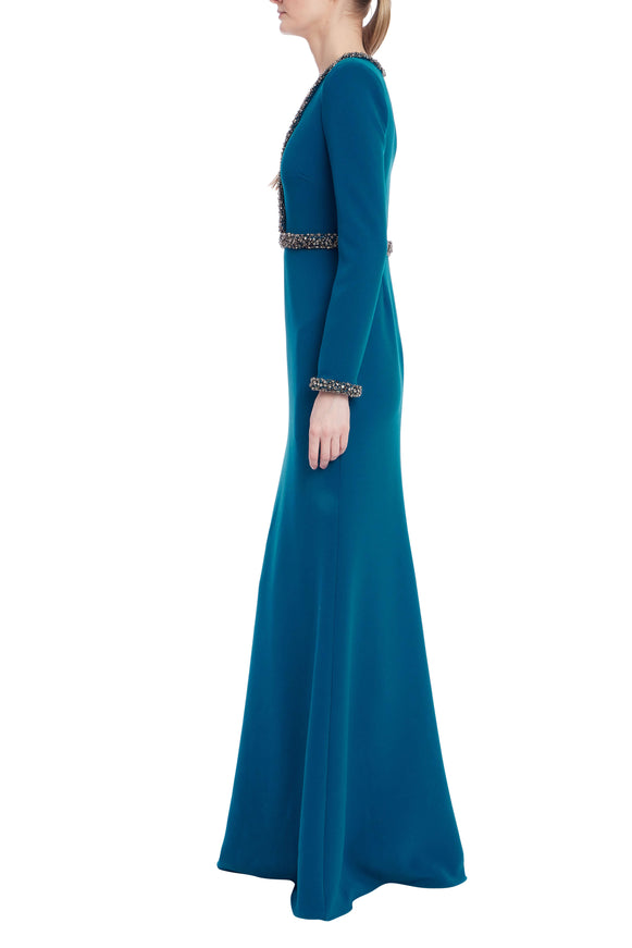 Badgley Mischka Embellished Trim Long-Sleeve Crepe Gown