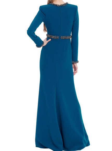Badgley Mischka Embellished Trim Long-Sleeve Crepe Gown