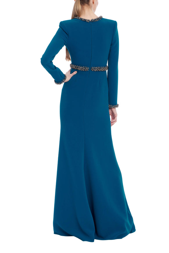 Badgley Mischka Embellished Trim Long-Sleeve Crepe Gown