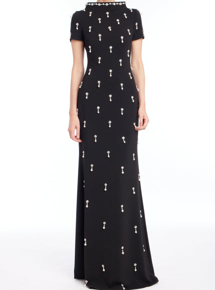 Badgley Mischka Cap Sleeve Beaded Gown in Black