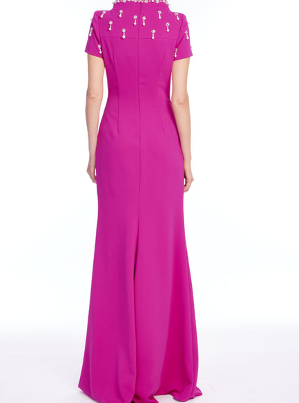 Badgley Mischka Cap Sleeve Beaded Gown in Fuchsia