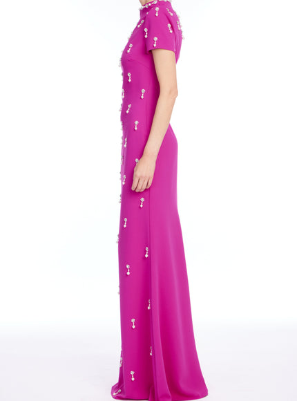 Badgley Mischka Cap Sleeve Beaded Gown in Fuchsia