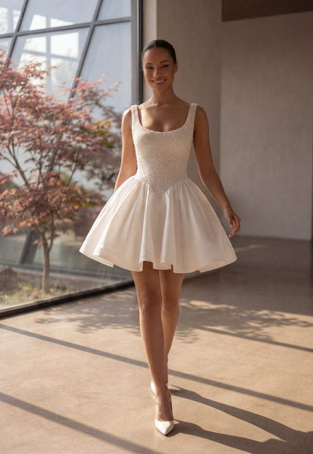 Ellie Belle Neve Pearl Beaded Mini Bridal Dress