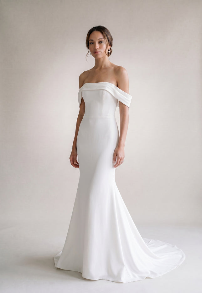 Ellie Belle Colette Off-Shoulder Crepe Wedding Gown