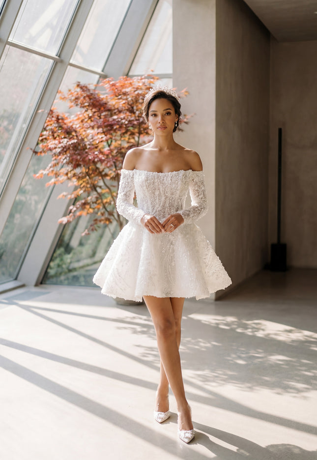 Ellie Belle Vivienne Off Shoulder Mini Bridal Dress