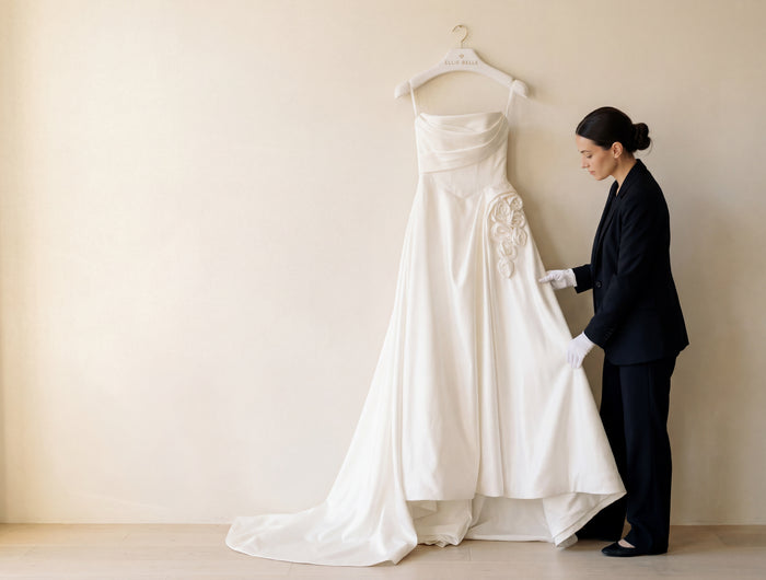 Wedding gown steaming and garment care at Ellie Belle in Eden Prairie, Minnesota.