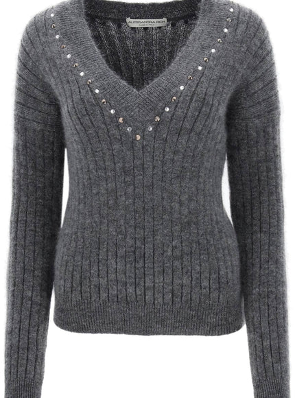 Alessandra Rich wool knit sweater with studs and crystals