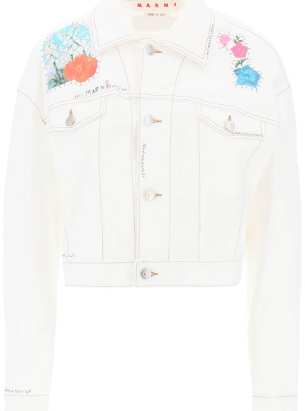 Marni "cropped denim jacket with flower patches and embroidery"