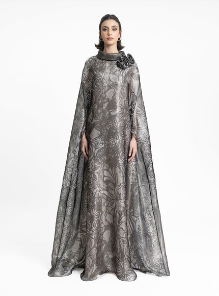 Gemy Maalouf Draped Flowers On The Shoulder Kaftan