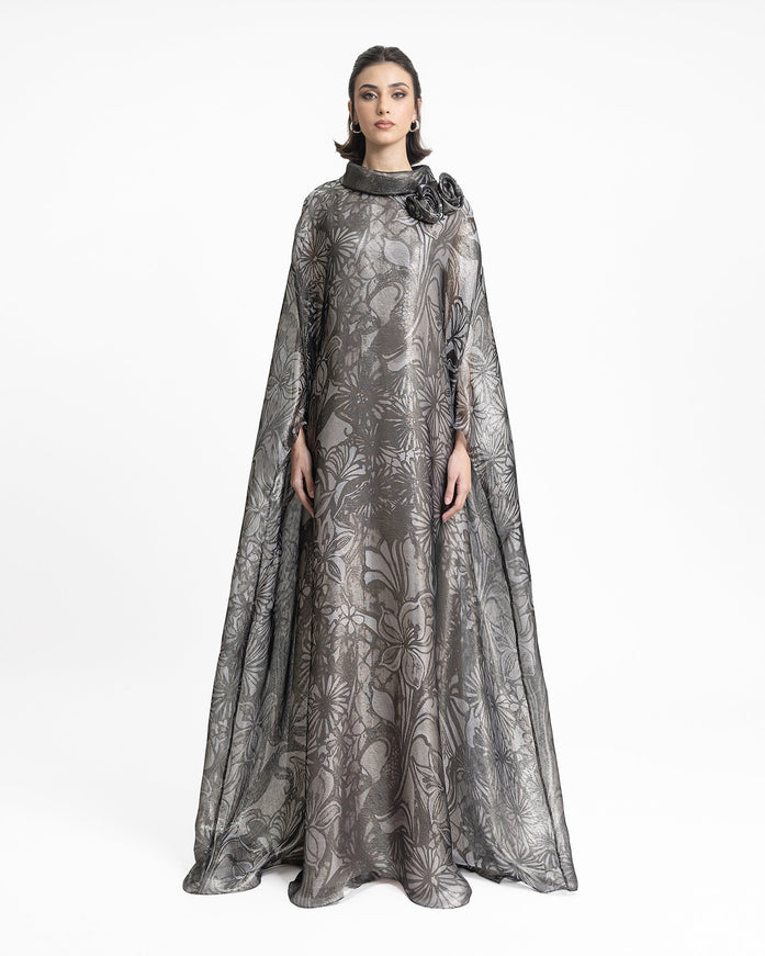 Gemy Maalouf Draped Flowers On The Shoulder Kaftan Silver