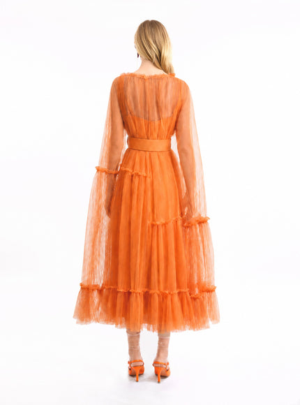 Gemy Maalouf Pleated Tulle Midi Dress Orange