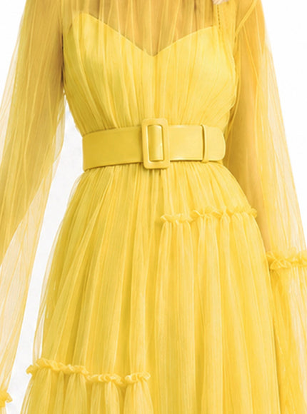 Gemy Maalouf Pleated Tulle Midi Dress Yellow