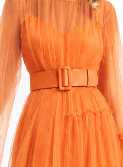 Gemy Maalouf Pleated Tulle Midi Dress Orange