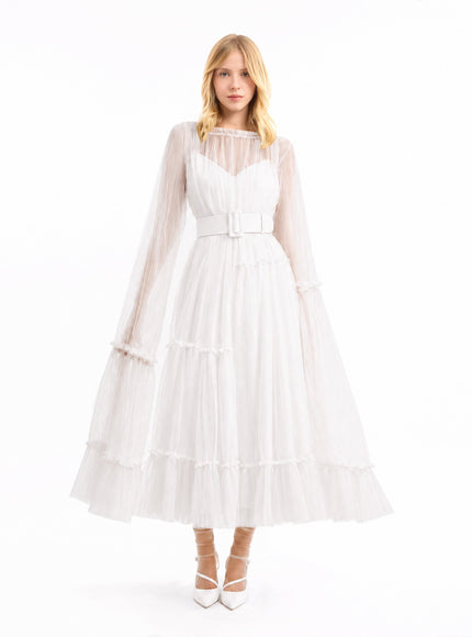 Gemy Maalouf Pleated Tulle Midi Dress White