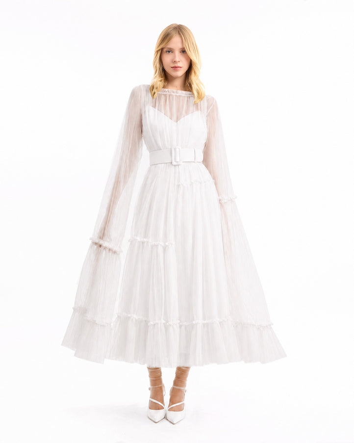 Gemy Maalouf Pleated Tulle Midi Dress White