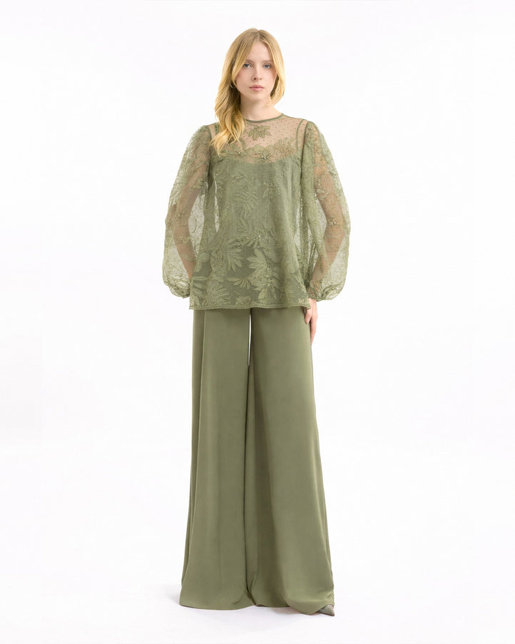 Gemy Maalouf Embroidered Puff Top With Trousers