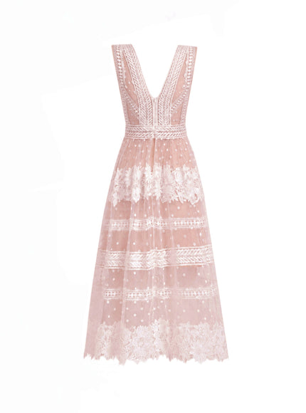 Gemy Maalouf Floral Tulle Midi Dress Light Pink