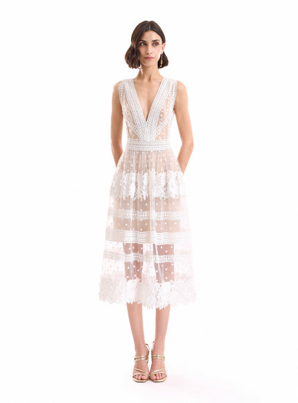 Gemy Maalouf Floral Tulle Midi Dress White