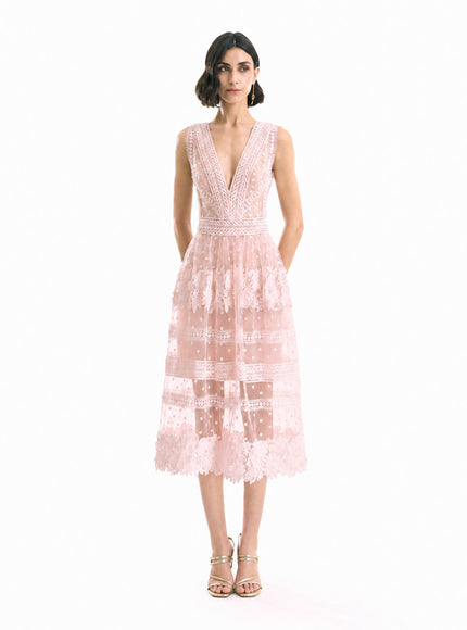 Gemy Maalouf Floral Tulle Midi Dress Light Pink