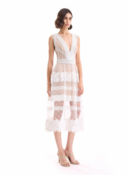 Gemy Maalouf Floral Tulle Midi Dress White