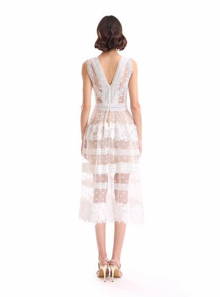Gemy Maalouf Floral Tulle Midi Dress White