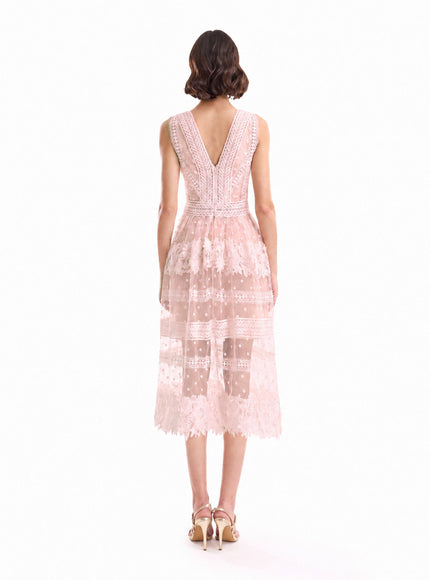 Gemy Maalouf Floral Tulle Midi Dress Light Pink
