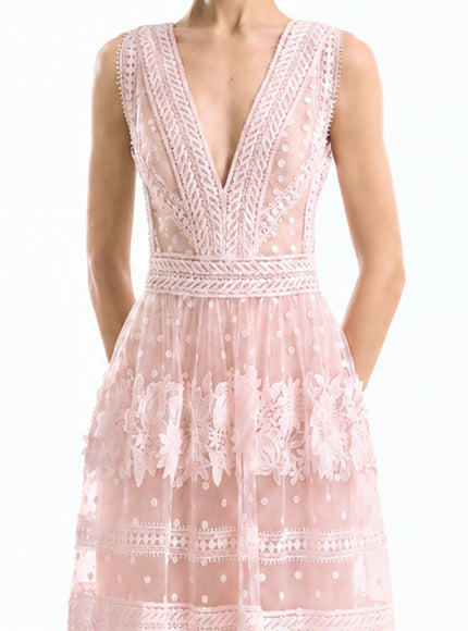 Gemy Maalouf Floral Tulle Midi Dress Light Pink
