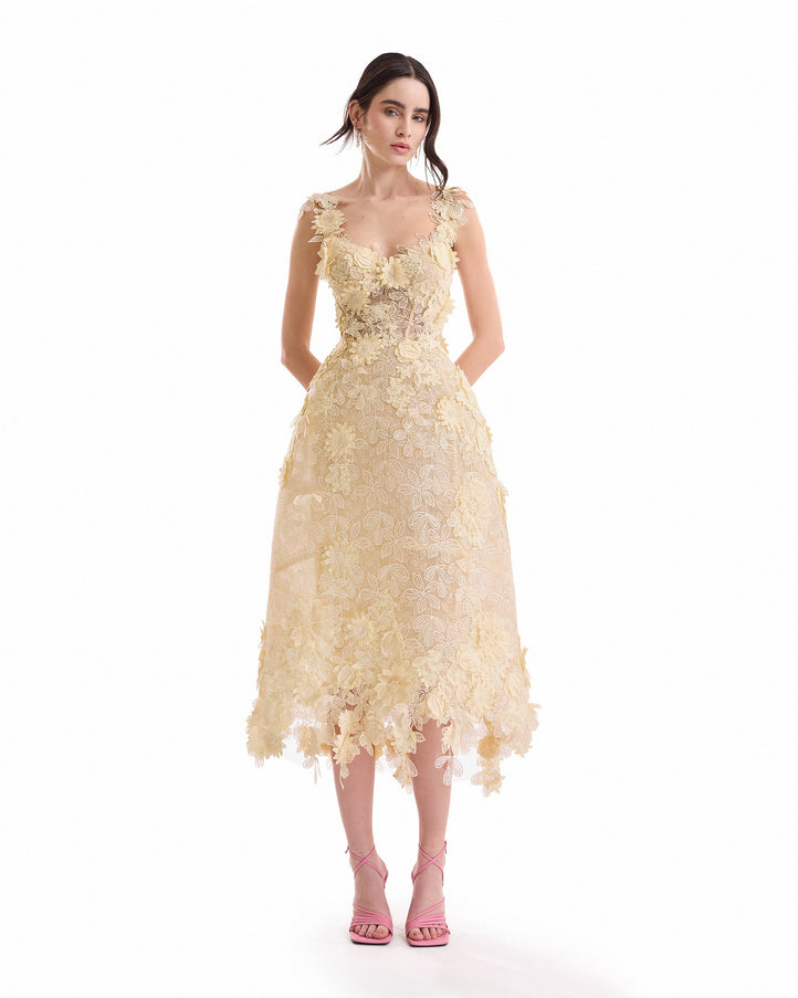 Gemy Maalouf 3D Floral Cage Midi Dress No. 7979MD Butter Yellow