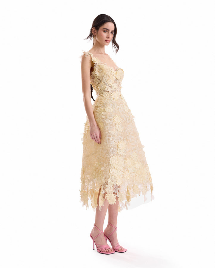 Gemy Maalouf 3D Floral Cage Midi Dress No. 7979MD