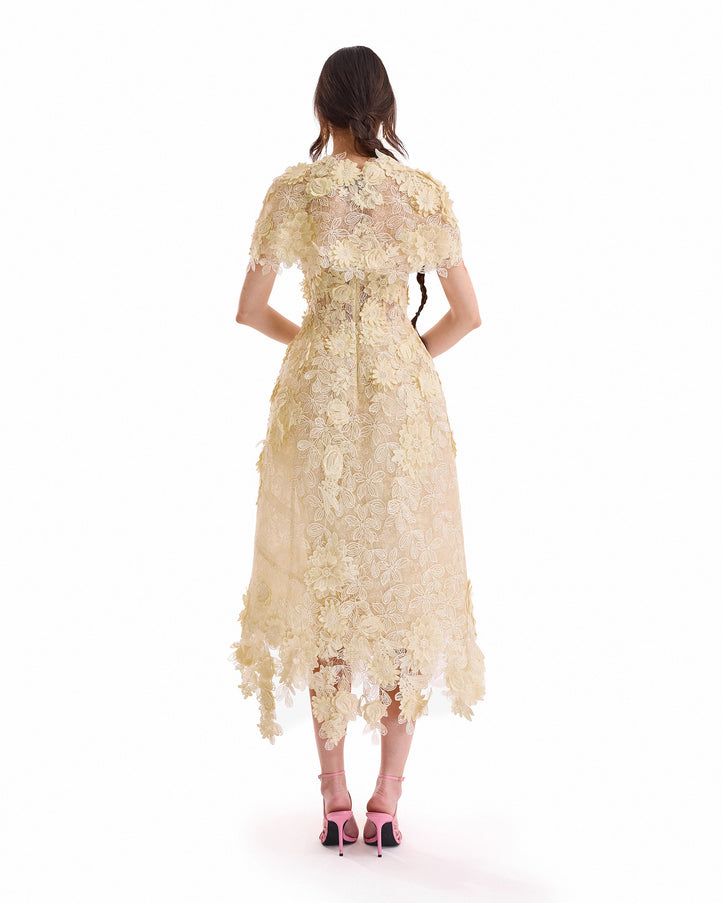 Gemy Maalouf 3D Floral Cage Midi Dress No. 7979MD7983BL