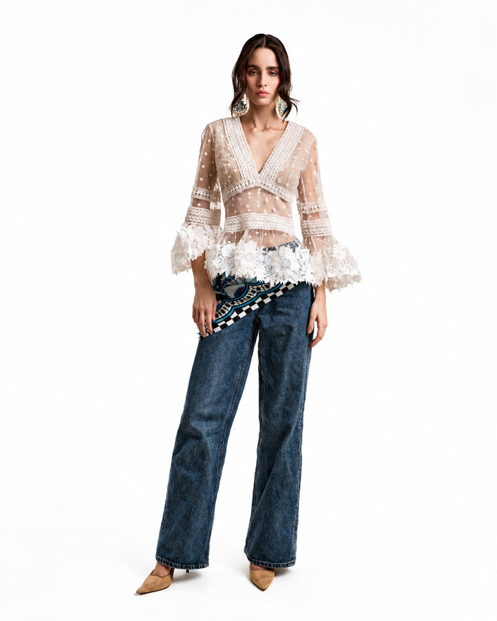 Gemy Maalouf Floral Tulle Top