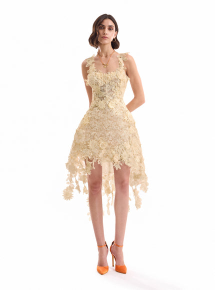 Gemy Maalouf Floral Cage Short Dress Butter Yellow