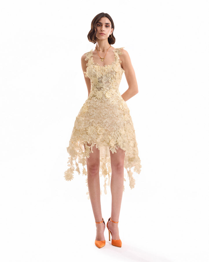 Gemy Maalouf Floral Cage Short Dress Butter Yellow