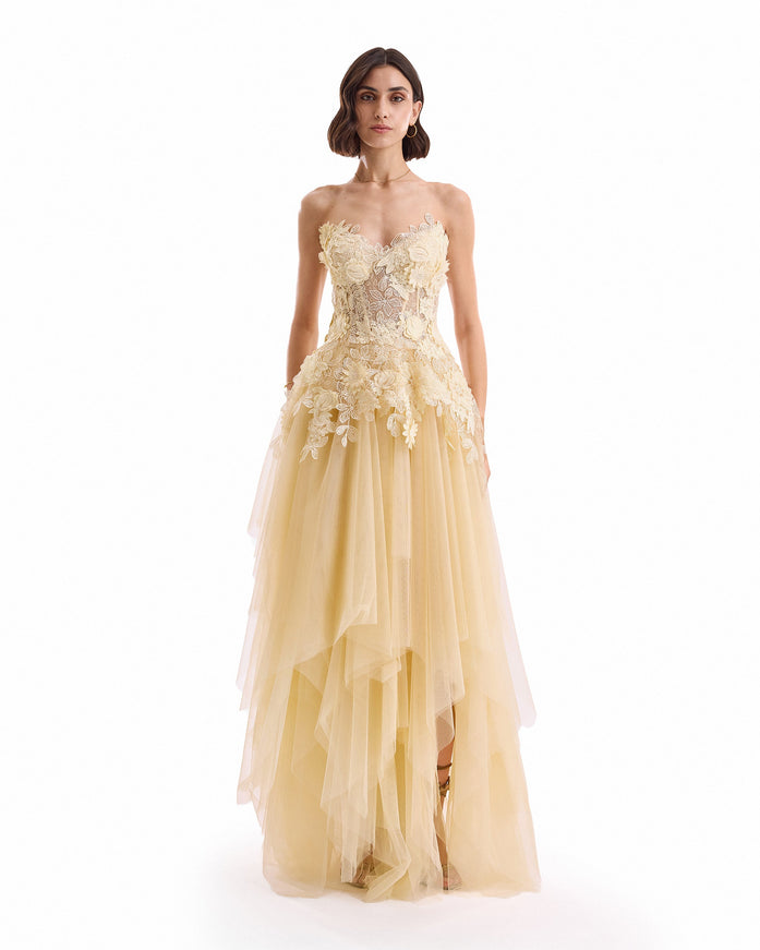 Gemy Maalouf 3D Floral Tulle Corset Set No. 7984TP7999MS Butter Yellow