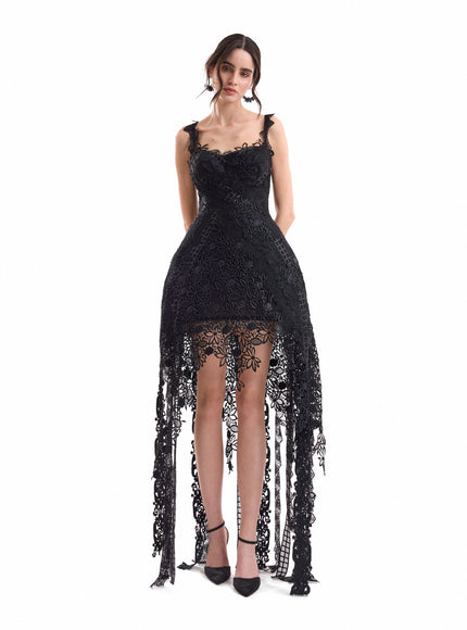 Gemy Maalouf Floral Guipure Embroidered Midi Dress Black