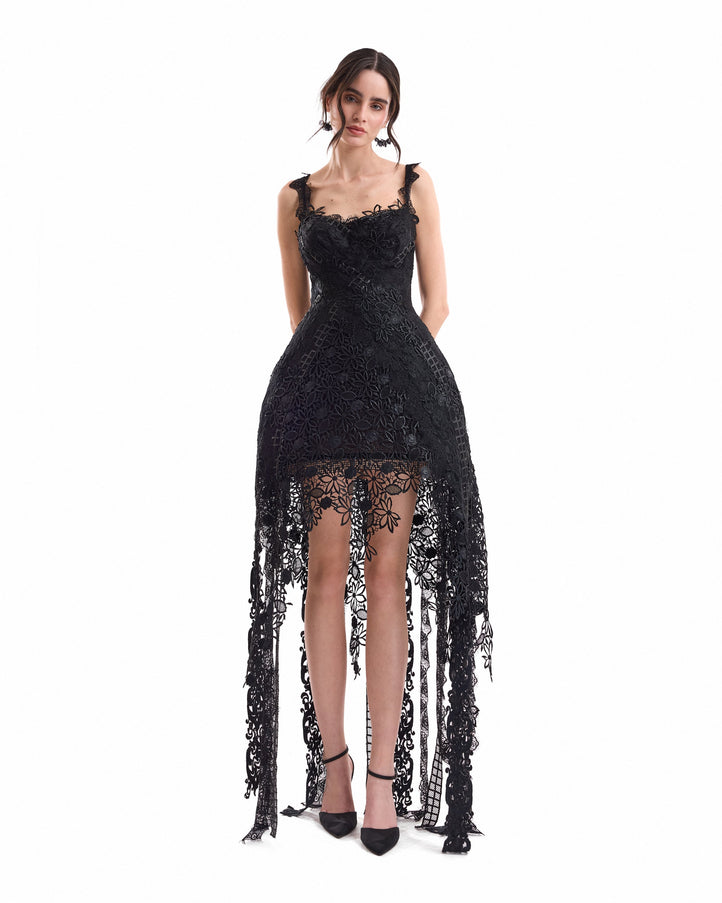 Gemy Maalouf Floral Guipure Embroidered Midi Dress Black