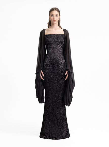 Gemy Maalouf Beaded Gown With Puffed Sleeves Black