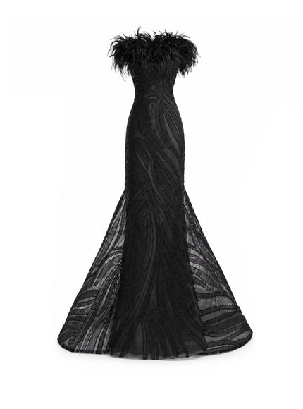 Gemy Maalouf Off-Shoulder Feathered Mermaid Gown in Black, front detail